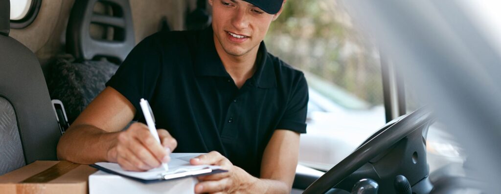 WHG Luton Delivery driver signing for parcel